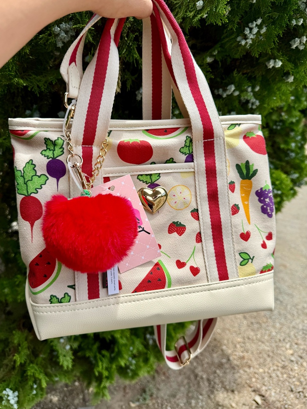 Betsey Johnson Cream Canvas Tote with Red Heart Pom and Fruit & Veggie Print